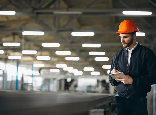 Engineer in a hard hat checking a tablet inside a factory hall