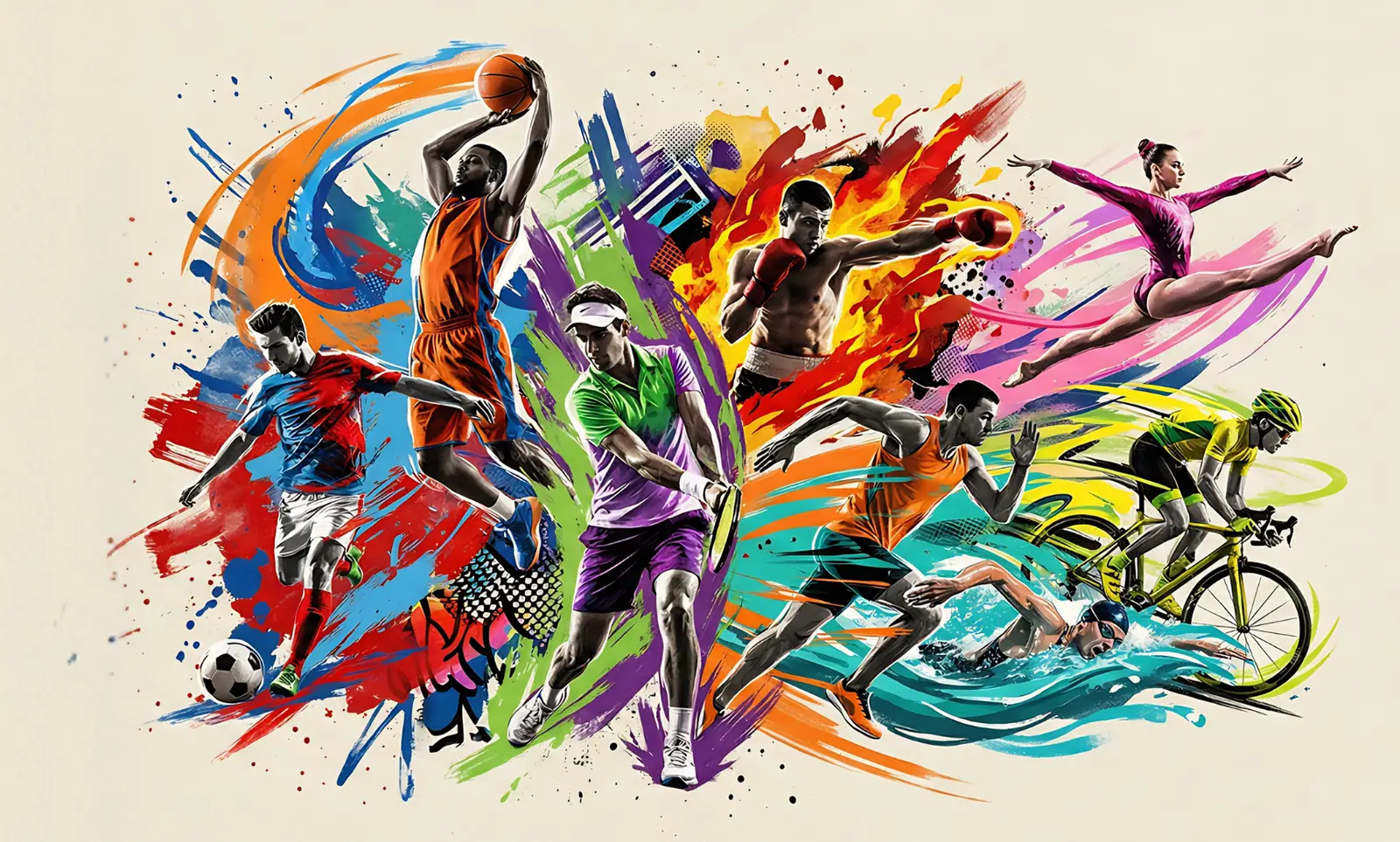 Illustrated collage of athletes from football, basketball, tennis, boxing, gymnastics, running, swimming and cycling