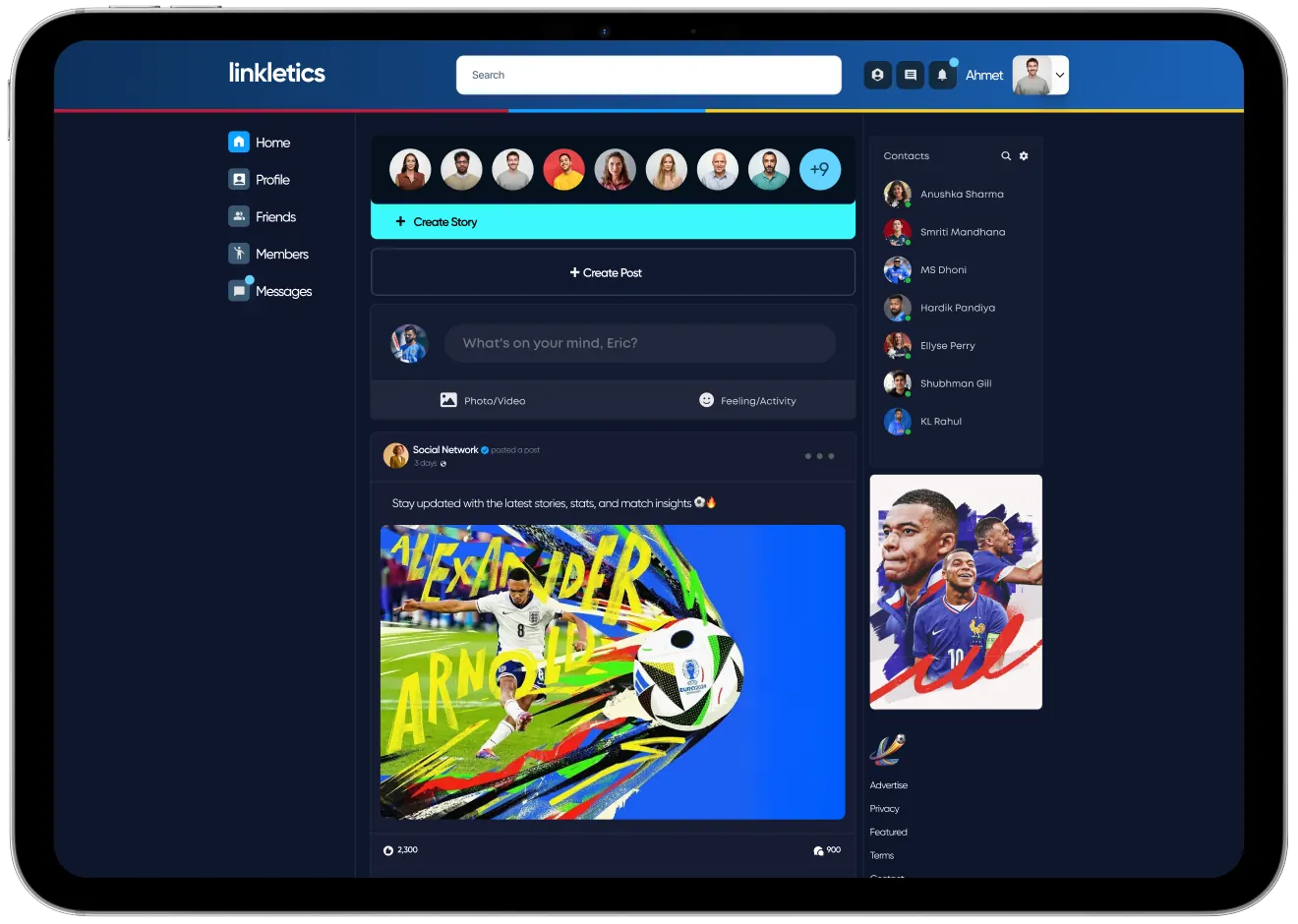 Linkletics platform preview on a tablet: feed, stories and contacts